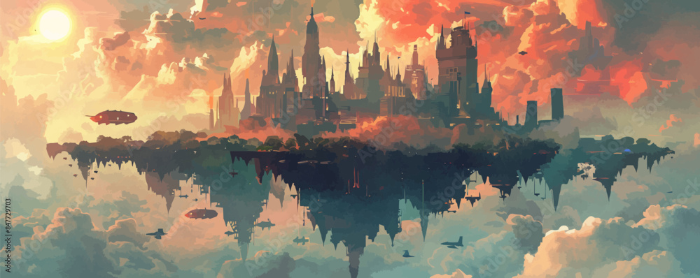 Floating city in the clouds with towering spires, floating gardens, and airships. Vector flat minimalistic isolated illustration. Floating city in the clouds with towering spires, floating gardens, and airships. Vector flat minimalistic isolated illustration.