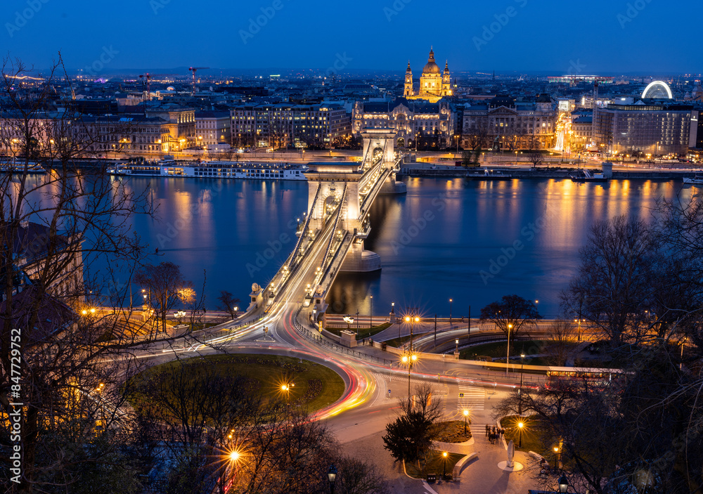 Traffic Light Trails Over The Szechenyl ( 'Chain' ) Bridge In Budapest, Hungary At Night Traffic Light Trails Over The Szechenyl ( 'Chain' ) Bridge In Budapest, Hungary At Night