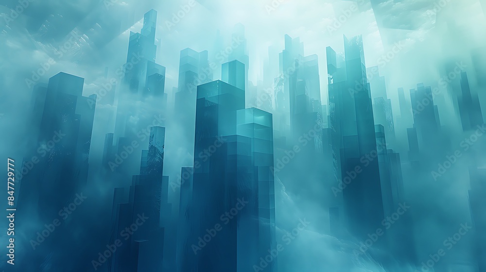 Abstract skyline with rectangles of varying heights, shades of blue and teal, hd quality, digital rendering, high contrast, geometric precision, modern design, artistic composition, dynamic.