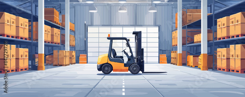 Forklift for moving items and boxes in a product warehouse, sorting and delivery technology machines. vector simple illustration