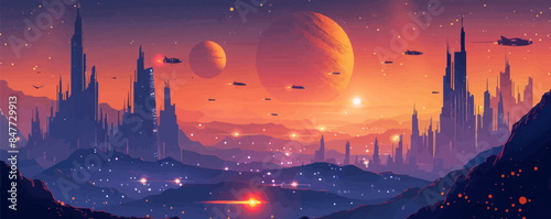 Futuristic space cityscape on a distant planet, with sleek skyscrapers and flying vehicles. Vector flat minimalistic isolated illustration.