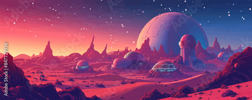 Futuristic space colony on a distant planet with domed habitats and solar panels. Vector flat minimalistic isolated illustration.
