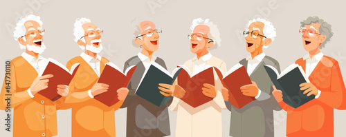 Group of elderly individuals singing in a choir, showcasing the unifying power of music in social activities Vector flat minimalistic isolated illustration