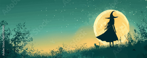 Halloween witch with cat against full moon. vector simple illustration
