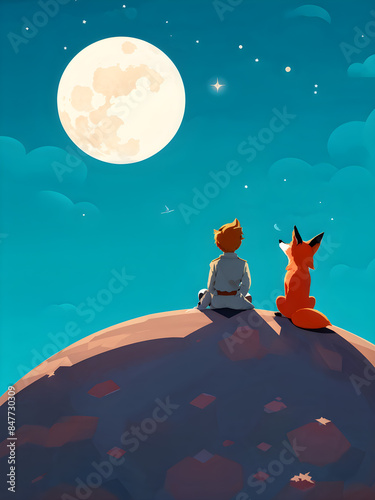 The little prince and the fox sat on the surface of the planet looking up at the moon photo