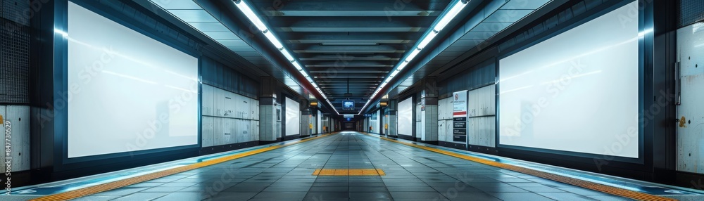 Obraz premium Twin vertical posters in a subway station, ready for customizable advertisement, set against a sleek, industrial backdrop
