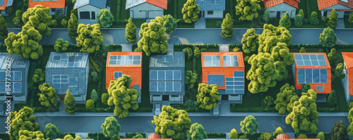 Houses with rooftop solar panels, top view houses of the future, green eco energy of the future, farm with solar panels. vector simple illustration