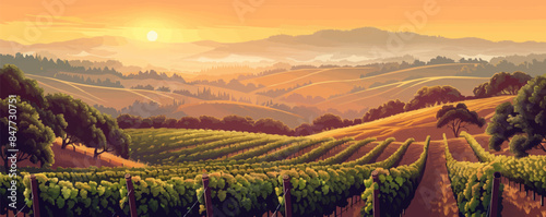 Idyllic countryside vineyard at sunrise, with rows of grapevines bathed in golden light and rolling hills. Vector flat minimalistic isolated illustration.