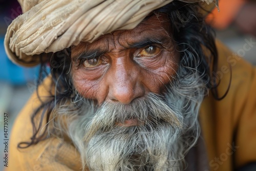 Close-up of an elderly man's face with deep lines and a soulful gaze, wearing a worn hat, capturing detailed textures and the intensity of his expression, symbolizing wisdom and life experience