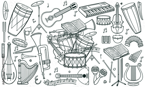 Monochrome hand drawn set of classic and jazz music instruments in doodle style on white background.