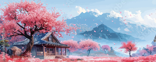 Japanese cherry blossom sakura on the background of an old asian style house, tourism to asia during the flowering of plants and spring. vector simple illustration