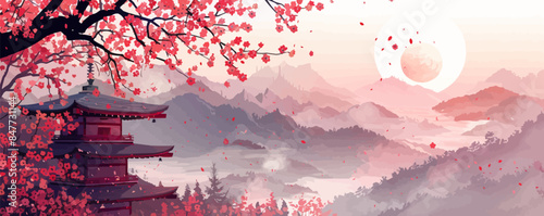Japanese cherry blossom sakura on the background of an old asian style house, tourism to asia during the flowering of plants and spring. vector simple illustration