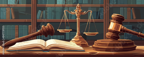 Judicial gavel, book and scales of justice on background of Court Hall. vector simple illustration