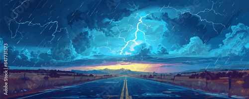 lightning and thunderstorm on the road. vector simple