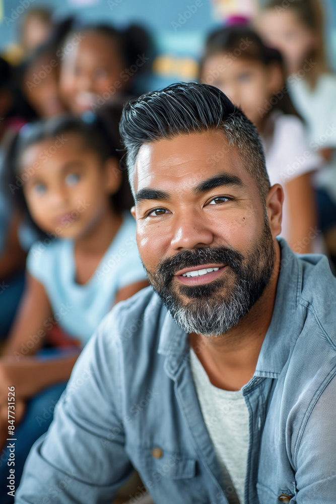 Color photo of a male teacher during a class at an elementary school looking at the camera. His students are learning in the background Color photo of a male teacher during a class at an elementary school looking at the camera. His students are learning in the background