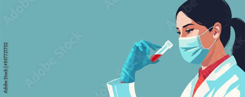 Medical research, science concept. Female doctor or nurse holding a glass test tube with a blood sample or liquid for analysis. Woman in face mask and gloves. Vector flat minimalistic isolated