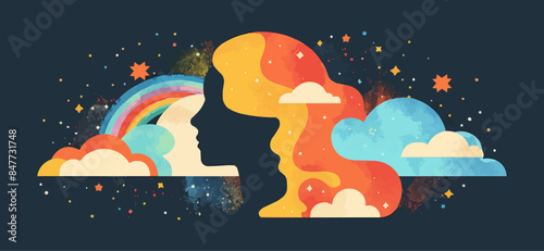 Mental health, psychology concept. Human head with sky, clouds and rainbow. Psychological wellness, positive thinking, creativity, emotions. Vector flat minimalistic isolated illustration