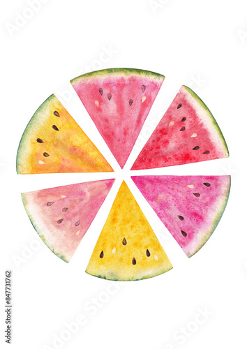 6 isolated watermelon slices arranged in a circle like a flower in pink, red and yellow watercolor colors, hand drawn on a white background