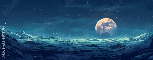 Mysterious lunar landscape with a lunar crater and starry sky. Vector flat minimalistic isolated illustration.