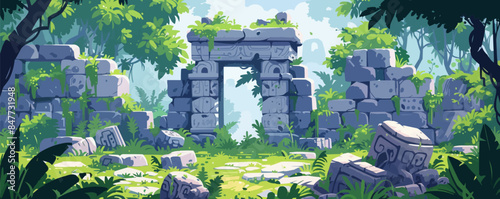 Mystical ancient ruins hidden in the jungle, with overgrown vegetation and hidden treasures. Vector flat minimalistic isolated illustration.