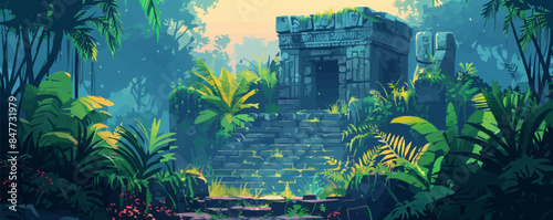 Mysterious lost temple in the jungle with ancient ruins and vegetation. Vector flat minimalistic isolated illustration.