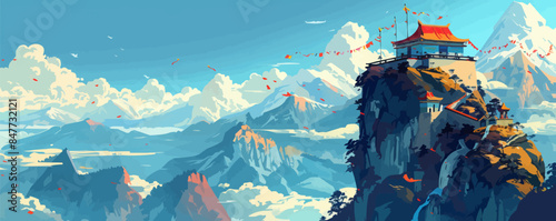 Mystical mountain monastery perched on a cliff, with prayer flags fluttering in the breeze. Vector flat minimalistic isolated illustration.