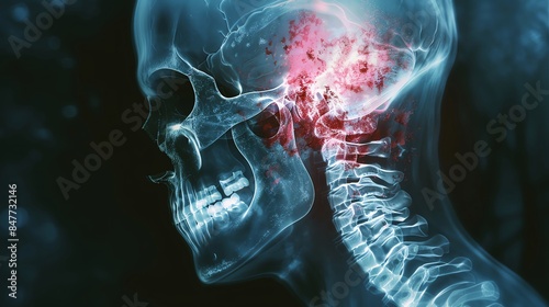 Parietal Bone Fracture Xray displaying a fracture in one of the parietal bones, possibly near the sagittal suture The fractured segment glows red, making it distinct photo