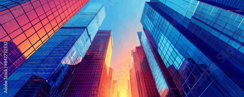 Office high-rise buildings on the street in the city, glass mirror windows, business center of the city, urban architecture, blue sky. vector simple illustration