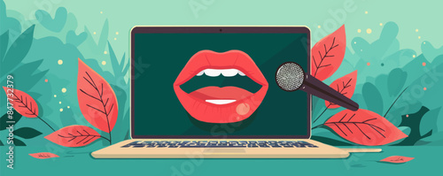 Online podcasting show, radio broadcasting, blogging concept. Streaming media on a laptop. Mouth speaking from a screen. Vector flat minimalistic isolated illustration