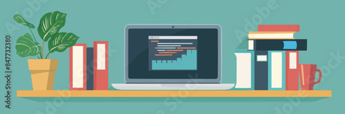 Online webinar, training, marketing course concept. Laptop on the desk, screen showing a webinar platform, starting broadcast. E-learning, video presentation. Vector flat minimalistic isolated