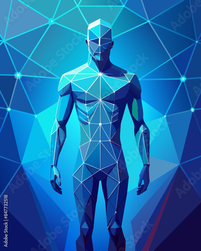Abstract digital human full body. Polygonal wireframe silhouette. Low poly anatomy blue background. Technology futuristic man or woman model. 