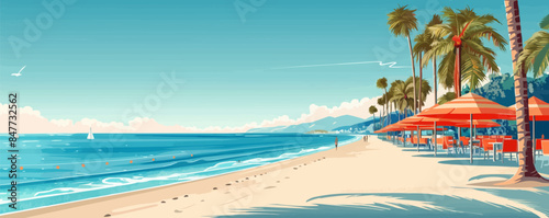 Peaceful seaside promenade lined with palm trees, beach umbrellas, and oceanfront cafes. Vector flat minimalistic isolated illustration.