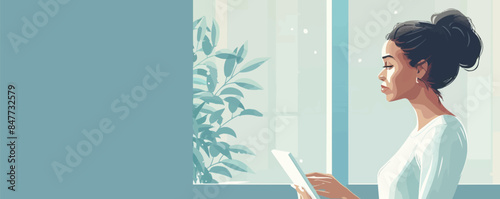 Pensive businesswoman with touchpad looking through window while working in office. Vector flat minimalistic isolated