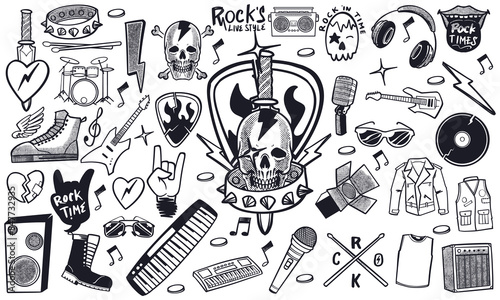 Hand drawn set of rock music doodle music instruments in doodle style isolated on white background.