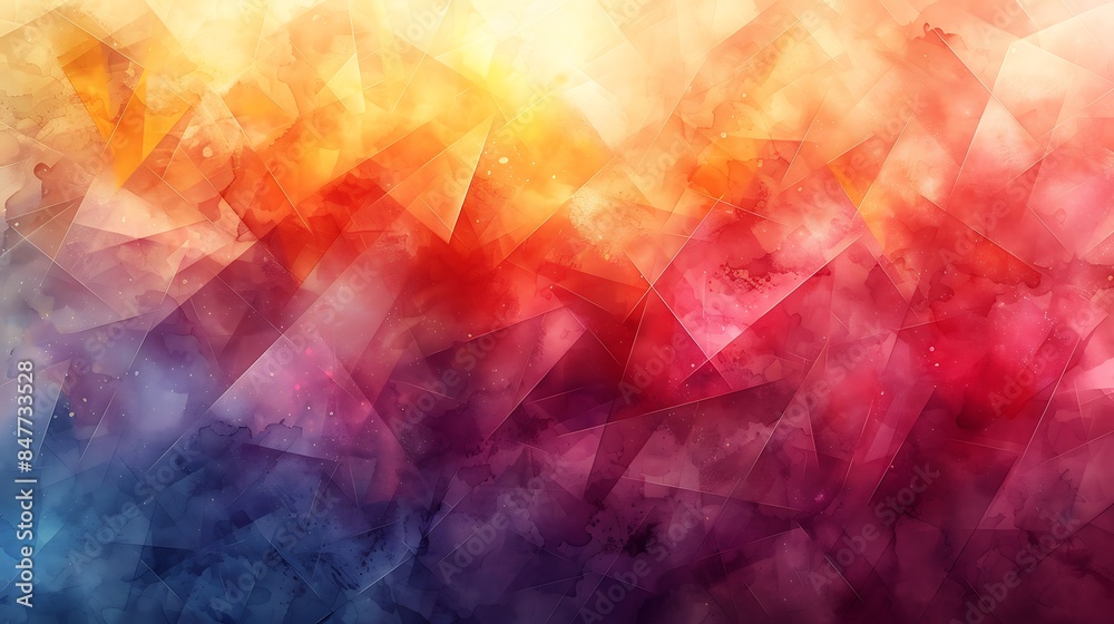 An abstract background featuring watercolor filled triangles, soft edges and bright colors, hd quality, digital illustration, dynamic and lively, geometric design, modern aesthetic.
