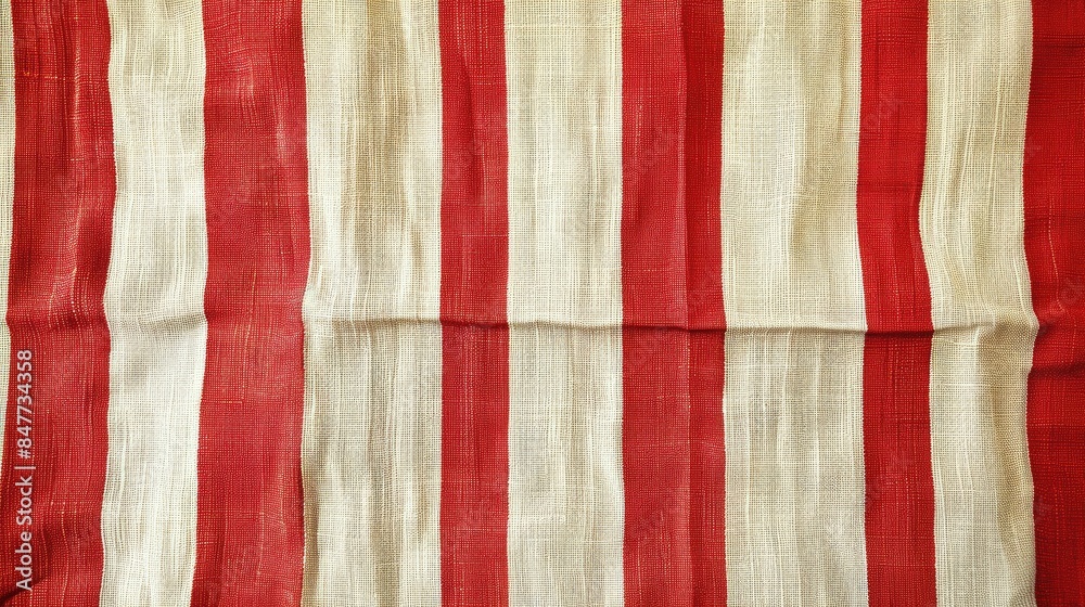 Fabric adorned with bold solid red stripes alternating with beige vertical stripes