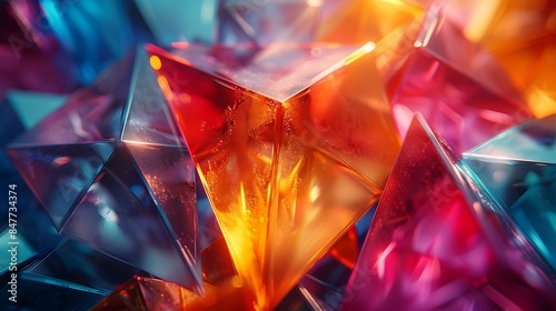 An abstract background with glass-like triangles, light refractions in vibrant colors, hd quality, digital art, high contrast, geometric design, modern aesthetic, artistic abstraction. photo