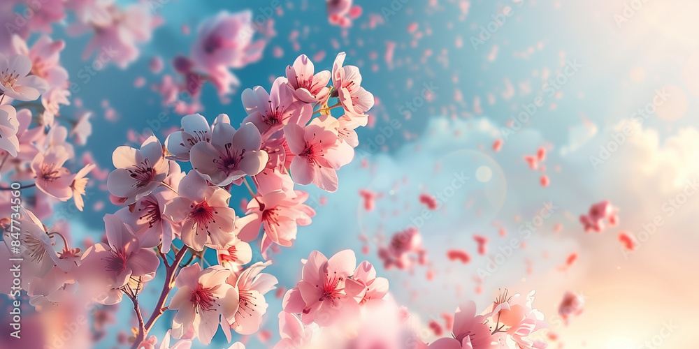 Cherry blossoms fluttering in a breeze against a dreamy sunset-tinged sky, evoking a sense of romanticism Cherry blossoms fluttering in a breeze against a dreamy sunset-tinged sky, evoking a sense of romanticism