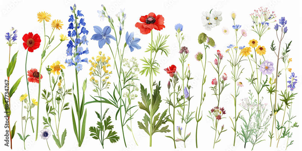 A wide illustration featuring a variety of beautifully detailed wildflowers, representing the diversity of nature