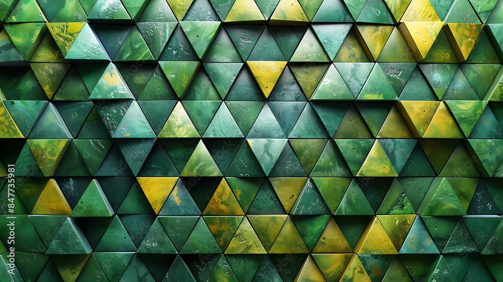 An abstract background with small, tessellated triangles in shades of green and yellow, hd quality, digital illustration, smooth transitions, geometric precision, modern design, artistic composition. An abstract background with small, tessellated triangles in shades of green and yellow, hd quality, digital illustration, smooth transitions, geometric precision, modern design, artistic composition.