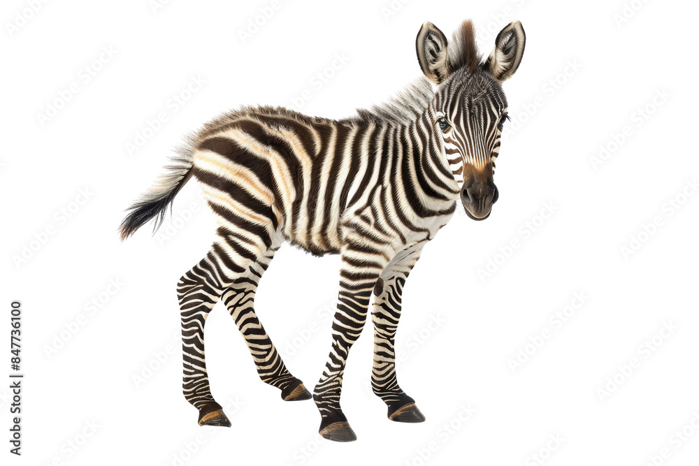 Fototapeta premium Young zebra with distinct black and white stripes standing on a transparent background. Perfect for wildlife and nature-themed projects.