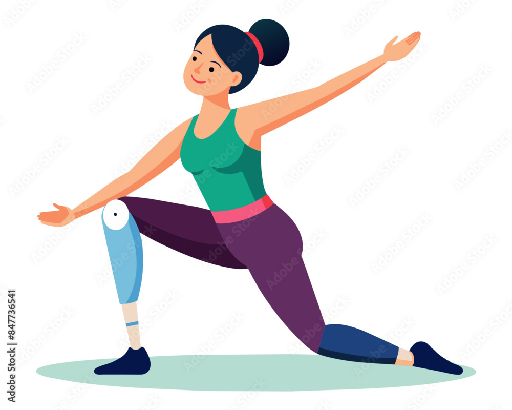Young disabled woman with leg prosthesis doing yoga asana. Inclusive sport for people with disabilities. Female cartoon yoga pose. Full body yoga workout vector illustration
Young disabled woman with leg prosthesis doing yoga asana. Inclusive sport for people with disabilities. Female cartoon yoga pose. Full body yoga workout vector illustration