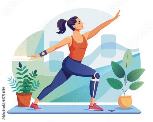 Young disabled woman with leg prosthesis doing yoga asana. Inclusive sport for people with disabilities. Female cartoon yoga pose. Full body yoga workout vector illustration
