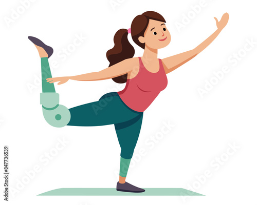 Young disabled woman with leg prosthesis doing yoga asana. Inclusive sport for people with disabilities. Female cartoon yoga pose. Full body yoga workout vector illustration

