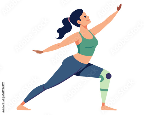 Young disabled woman with leg prosthesis doing yoga asana. Inclusive sport for people with disabilities. Female cartoon yoga pose. Full body yoga workout vector illustration
