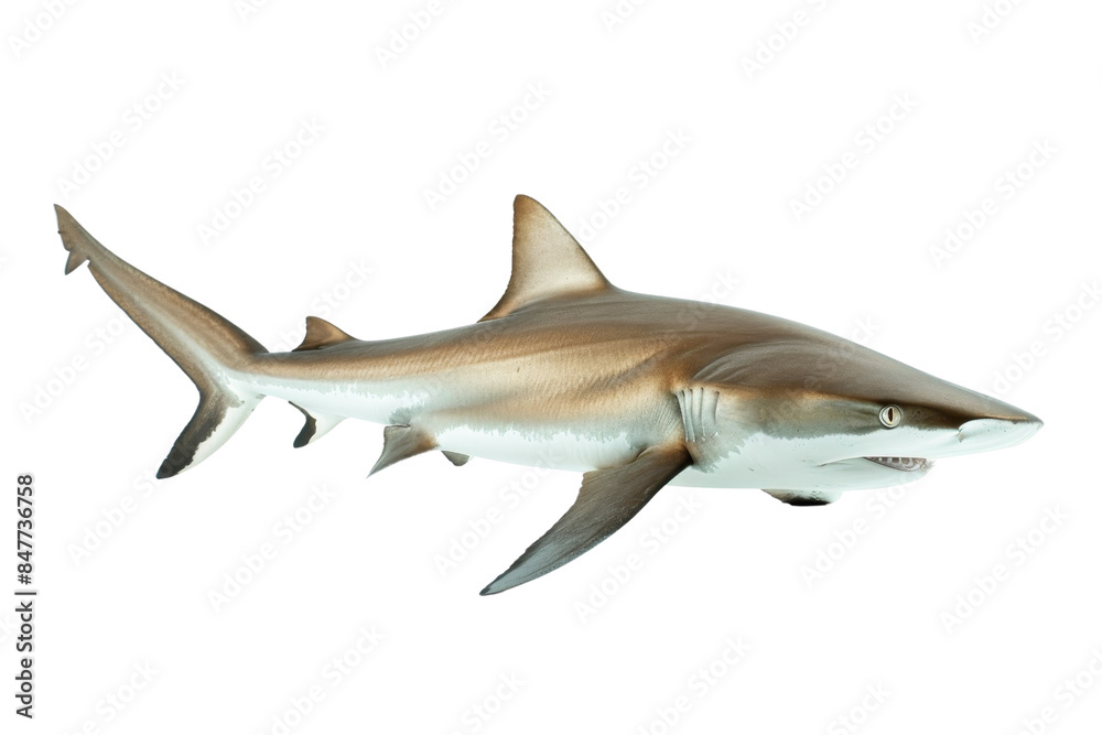 Naklejka premium Realistic illustration of a shark, showcasing its sleek body and sharp fins, isolated on a transparent background. Perfect for marine life projects.