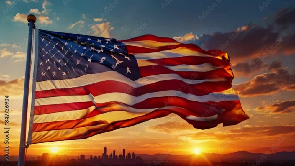 The video is of an American flag waving in the wind. The flag is blowing to the right and is backlit by a bright sky with two glowing orbs.