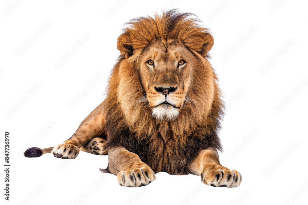 Majestic lion lying down with a focused gaze, showing its powerful presence and regal mane, isolated on a transparent background. Majestic lion lying down with a focused gaze, showing its powerful presence and regal mane, isolated on a transparent background.