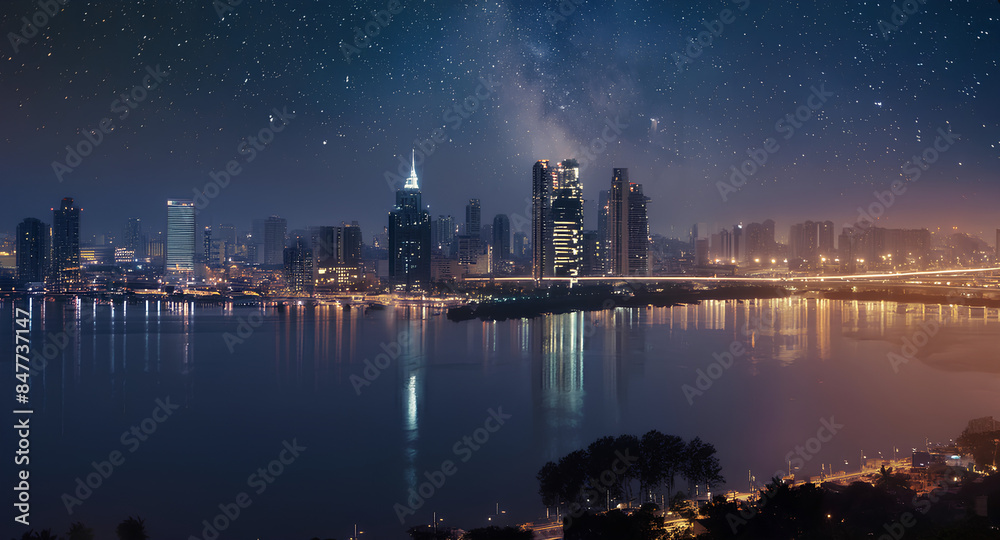 The image captures a stunning night view of a modern city skyline, reflected beautifully on the calm waters below. The city is alive with lights, creating a dazzling array of illumination that contras The image captures a stunning night view of a modern city skyline, reflected beautifully on the calm waters below. The city is alive with lights, creating a dazzling array of illumination that contras
