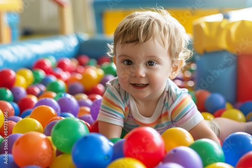 Balls pool, child playing in ball pit, colorful toys for kids in kindergarten or preschool play room